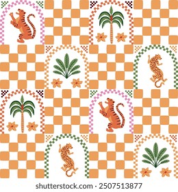 Summer tropical checkered seamless pattern with chess, tiger, jaguar, palm tree. Wild animal in arched elements. Vector geometry repeat background, yellow fabric, textile, wallpaper. Cute illustration