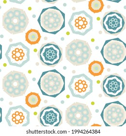 Summer tropical circle seamless pattern. Bright retro geo dot for digital scrapbook paper and repeat kid design. Fun masculine shirt textile swatch in vector.