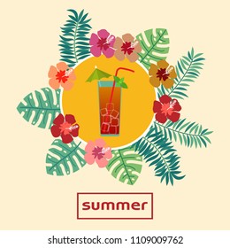 Summer tropical cocktail background with palm leaves and flowers. Vector illustration