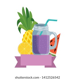 summer tropical cocktail with fruits and straw