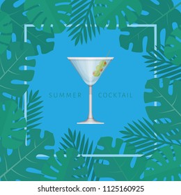 Summer tropical cocktail with palm leaves. Cocktail party poster or invitation to beach party. Flat style, vector illustration.