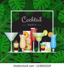 Summer tropical cocktail with palm leaves. Cocktail party poster or invitation to beach party. Flat style, vector illustration.