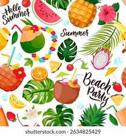 Summer tropical cocktails seamless pattern. Vector illustration of multicolor coconut, pineapple drinks, fruits, palm leaves. Beach bar background. Fabric design, wrapping paper, fashion textile print