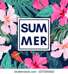 Summer tropical colorful background with exotic leaves and hibiscus flowers.