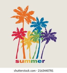 Summer tropical colorful palm tree. Rainbow colors diversity. Summer pride colors print for card, t-shirt, tote bags, any surface.