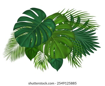 Summer tropical composition made of exotic realistic palm leaves. Suitable for nature concept, vacation, travel, summer holiday. Vector Illustration