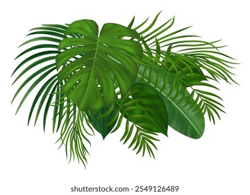 Summer tropical composition made of exotic realistic palm leaves. Suitable for nature concept, vacation, travel, summer holiday. Vector Illustration