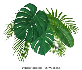 Summer tropical composition with palm leaves and exotic plants. Exotic botanical design with jungle plants for banner, poster. Vector illustration