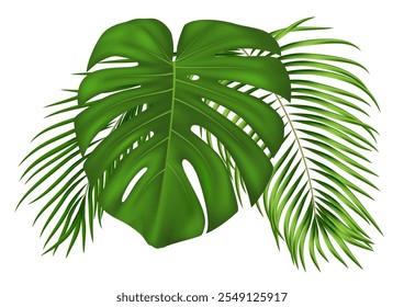 Summer tropical composition with realistic green palm leaves. Botanical design with jungle lush foliage plants for invitation, banner, poster. Vector illustration