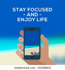 Summer tropical concept background, hand holding smartphone make picture of beach and tropical sea with bright sun. Vector image. 