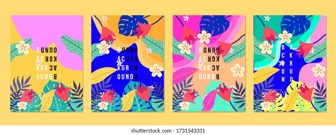 Summer tropical covers backgrounds set with leaf and flowers,Trendy Abstract and modern vivid bright vibrant spring pattern for poster,cards,web,book,social media,ads and Magazine.Vector Illustration.