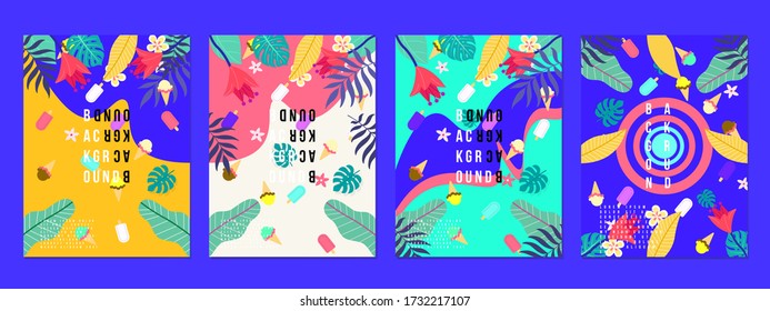 Summer tropical covers backgrounds set with ice cream and ice with leaf and flowers,Trendy Abstract modern vivid bright vibrant spring pattern for poster,cards,web,book,social media and ads.Vector.