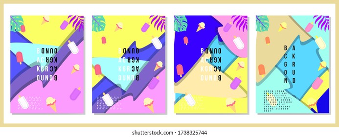 Verano de fondo tropical con helados y hielo con hoja, Resumen de moda moderno brillante brillante brillante patrón de primavera para afiches, tarjetas, web, libros, medios sociales y anuncios.Vector.
