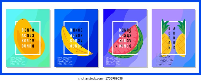 Verano de fondo tropical con frutas, sandía, piña, mango, kiwi y plátano, Resumen de moda moderno y vibrante patrón de primavera para afiches, tarjetas, web, libros, medios sociales y anuncios.Vector.