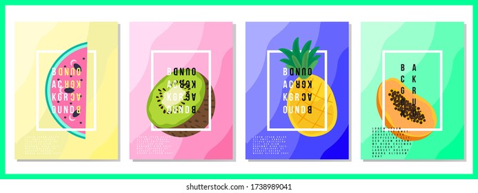 Summer tropical covers backgrounds set with fruits,watermelon,Pineapple,mango,kiwi and banana,Trendy Abstract modern vivid vibrant spring pattern for poster,cards,web,book,social media and ads.Vector.