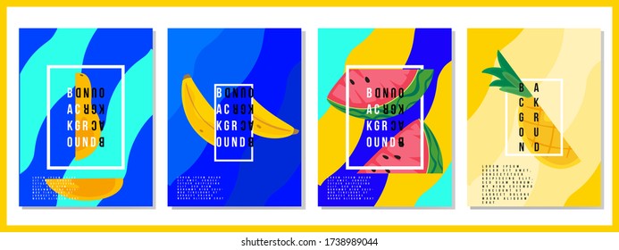 Verano de fondo tropical con frutas, sandía, piña, mango, kiwi y plátano, Resumen de moda moderno y vibrante patrón de primavera para afiches, tarjetas, web, libros, medios sociales y anuncios.Vector.