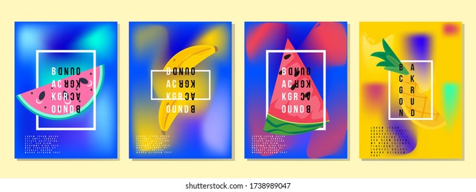 Summer tropical covers backgrounds set with fruits,watermelon,Pineapple,mango,kiwi and banana,Trendy Abstract modern vivid vibrant spring pattern for poster,cards,web,book,social media and ads.Vector.