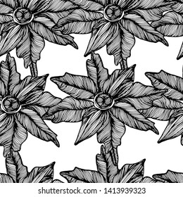 Summer tropical decorative pattern with leaves. Hand draws in ink. Retro botanical illustration, vintage. Background for title, image for blog, decoration. Design for wallpaper, textiles