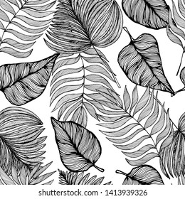 Summer tropical decorative pattern with leaves. Hand draws in ink. Retro botanical illustration, vintage. Background for title, image for blog, decoration. Design for wallpaper, textiles