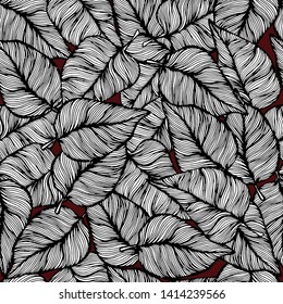 Summer tropical decorative pattern with leaves. Hand draws in ink. Retro botanical illustration, vintage. Background for title, image for blog, decoration. Design for wallpaper, textiles
