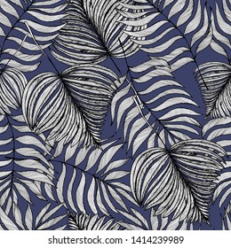 Summer tropical decorative pattern with leaves. Hand draws in ink. Retro botanical illustration, vintage. Background for title, image for blog, decoration. Design for wallpaper, textiles