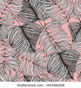 Summer tropical decorative pattern with leaves. Hand draws in ink. Retro botanical illustration, vintage. Background for title, image for blog, decoration. Design for wallpaper, textiles