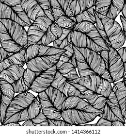 Summer tropical decorative pattern with leaves. Hand draws in ink. Retro botanical illustration, vintage. Background for title, image for blog, decoration. Design for wallpaper, textiles