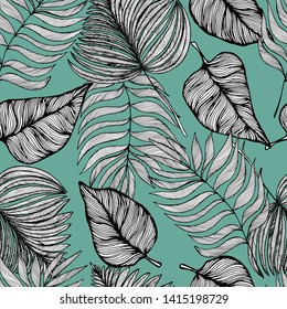 Summer tropical decorative pattern with leaves. Hand draws in ink. Retro botanical illustration, vintage. Background for title, image for blog, decoration. Design for wallpaper, textiles