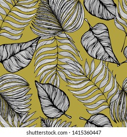 Summer tropical decorative pattern with leaves. Hand draws in ink. Retro botanical illustration, vintage. Background for title, image for blog, decoration. Design for wallpaper, textiles