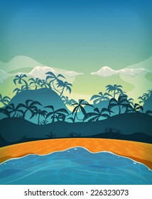 Summer Tropical Desert Island/ Illustration of a cartoon summer tropical beach ocean background with palm trees, coconuts, and cloudscape upon blue morning sky