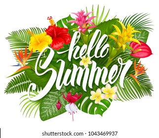 Sommertropisches Design für Banner oder Flyer mit exotischen Blättern und Blumen. Kalligrafische Handschrift Hallo Sommer. Vektorgrafik. Einzeln auf weißem Hintergrund.