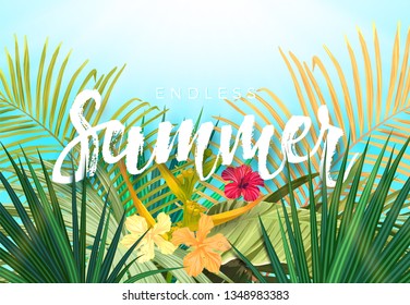 Summer tropical design for banner or flyer with exotic palm leaves, hibiscus flowers and handlettering.