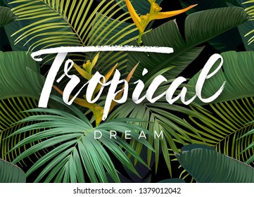 Summer tropical design for banner or flyer with dark green tropical palm leaves and lettering. Vector illustration.