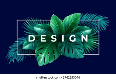 Summer tropical design for banner or flyer with green tropical palm leaves and lettering. Vector illustration EPS10