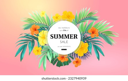 Summer tropical design for banner or flyer with exotic palm leaves, hibiscus flowers and space for text.