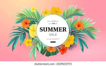 Summer tropical design for banner or flyer with exotic palm leaves, hibiscus flowers and space for text.