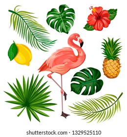Summer tropical design elements set, isolated on white background. Vector cartoon illustration of flamingo, palm leaves, pineapple, lemon and exotic flowers.