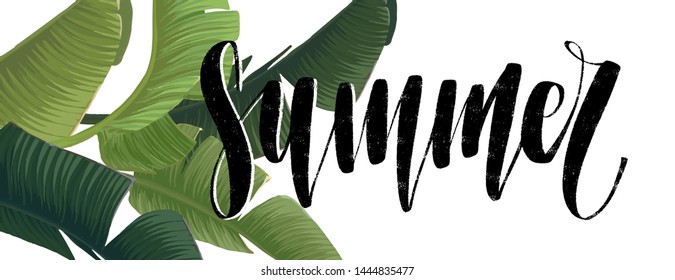 Summer tropical design with exotic palm leaves and plants. Jungle vector floral template for flyer or banner. Vector illustration.