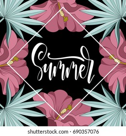 Summer tropical  design with exotic palm leaves and pink flowers. Jungle vector floral template.
