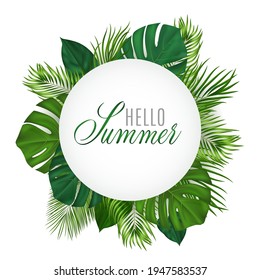 Summer tropical design with various green leaves and inscription Hello Summer. Vector plant illustration