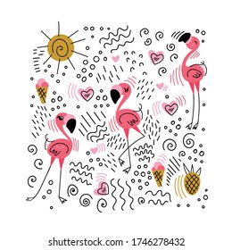 Summer tropical doodle collection. Pink flamingos, fruits and sun with fillers on white background. Vector illustration.