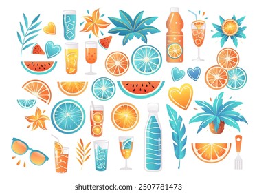 Summer tropical drinks fruits palm trees sunglasses hearts leaves colorful vibrant
