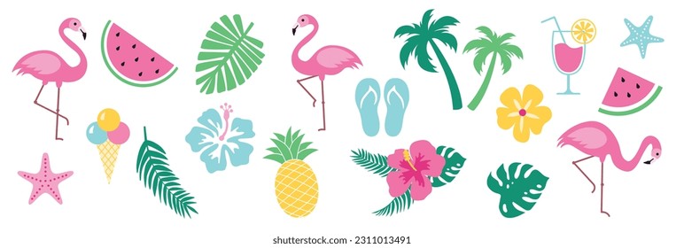 Summer tropical elements bundle vector illustration of flamingo, palm leaves, pineapple, watermelon, ice-cream, hibiscus flower, monsterra leaf, starfish, summer cocktail, isolated on white background