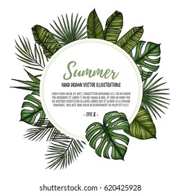 Summer tropical exotic template. Label with Palm leaves (monstera, areca, fan, banana). Hand drawn vector illustration. Perfect for prints, posters, invitations, packing etc