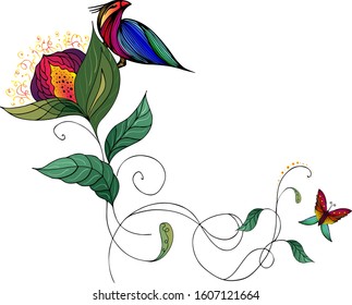 Summer tropical flat flower. Colorful abstract tropical bird sitting on a flower. Flatline icon. Colorful butterfly in abstract style on white background