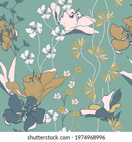 Summer tropical floral print, large lily flowers on a green background. Vector vintage texture for fabric.