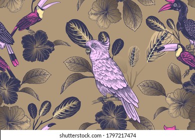 Summer tropical floral seamless pattern. Bright exotic birds on gold background. Black leaves and flowers. Vector illustration. Vintage. Luxury design for textiles paper wallpaper