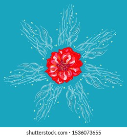 Summer tropical flower. Floral botanical flower isolated on blue background. Hand drawn vector illustration. Botanical hawaii nature. Tropical leaf palm icon. Hawaiian vector tattoo illustration.