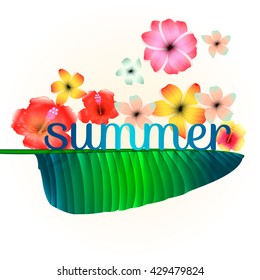 Summer tropical flower leaves design for text card