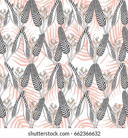 Summer tropical flower pattern vector seamless. Minimal floral heliconia and palm tree leaf texture background. Design for retro wallpaper, fashion fabric, beach party cards or vacation illustration.